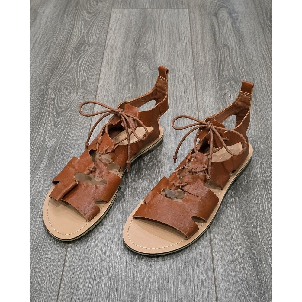 Wild Diva Womens 6.5 Brown Lace Up Gladiator Sandals Boho Cutout Strappy Flat